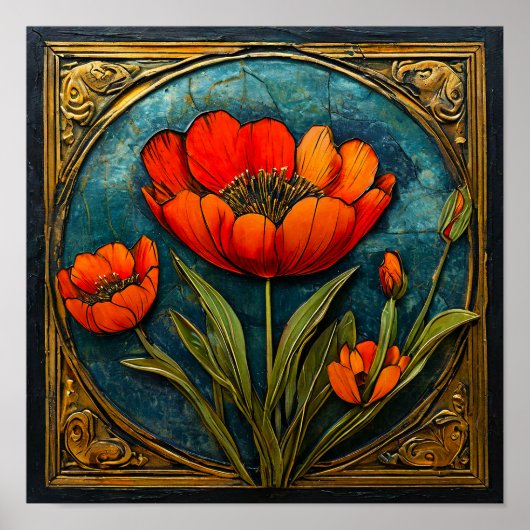 🌺 Rode bloemornament Elegante barokdecoratie Poster (Voorkant)