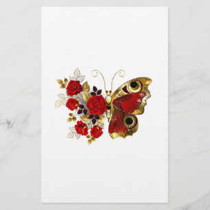 Rode bloemvlinder met rode rozen briefpapier