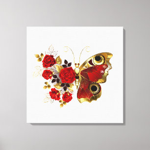Rode bloemvlinder met rode rozen canvas afdruk