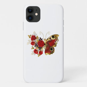 Rode bloemvlinder met rode rozen iPhone 11 hoesje