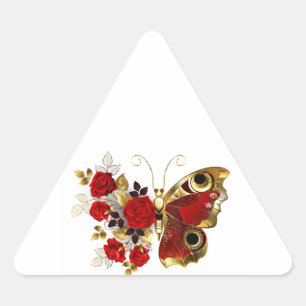 Rode bloemvlinder met rode rozen driehoek sticker
