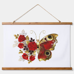Rode bloemvlinder met rode rozen hangend wandkleed