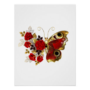 Rode bloemvlinder met rode rozen perfect poster