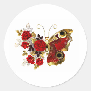 Rode bloemvlinder met rode rozen ronde sticker