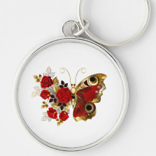 Rode bloemvlinder met rode rozen sleutelhanger