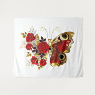Rode bloemvlinder met rode rozen wandkleed