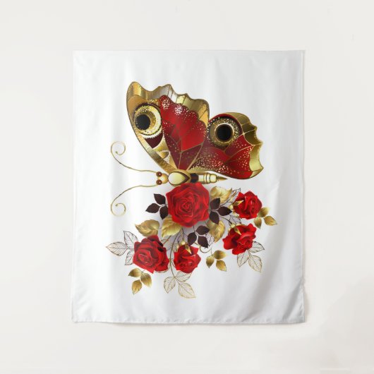Rode bloemvlinder met rode rozen wandkleed (Voorkant)