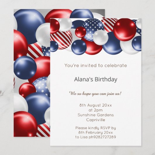 RODE BLUE PATRIOTISCHE SILVER 2 BALLOON BIRTHDAY KAART (Voorkant / Achterkant)