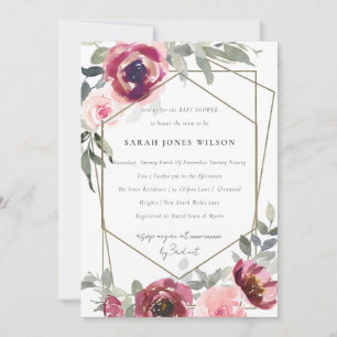 RODE BLUSH BURGUNDY ROOS FLORAL BABY SHOWER INVITE BEDANKKAART