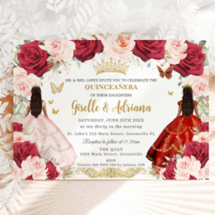 Rode Blush Roze Bloemen Tweeling Goud Quinceañera Kaart