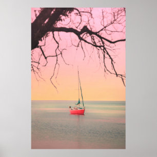 RODE BOAT OP BACH TIJDENS SUNSET POSTER