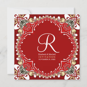 Rode Boheemse Batik Monogram Huwelijk Kaart
