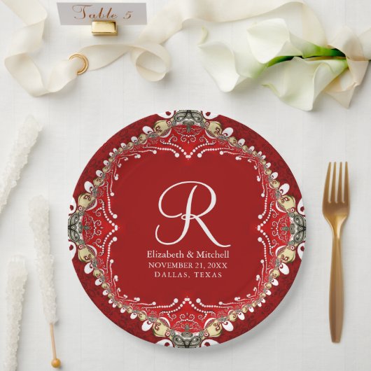 Rode Boheemse Batik Monogram V2 Huwelijk Papieren Bordje (Huwelijk)
