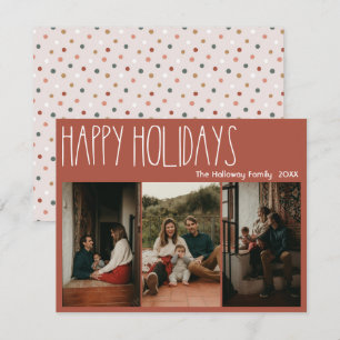 Rode Boho Stippen Gelukkig Kerstmis Drie-Foto Feestdagenkaart