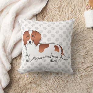 Rode bonte langharige tekening van Dachshond & poo Kussen