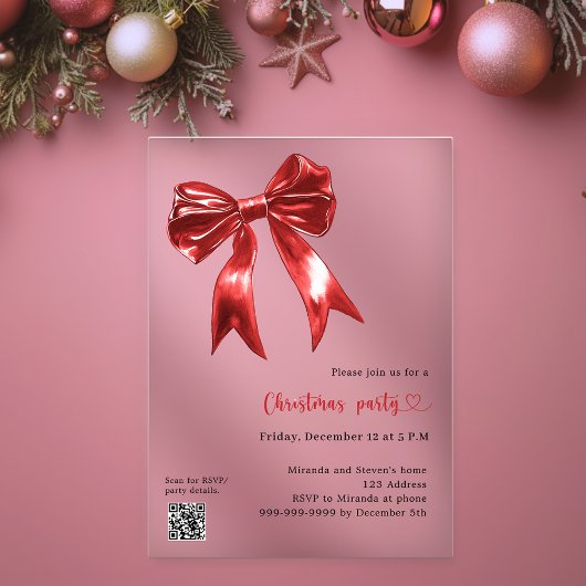 Rode boog duidelijke QR code Kerstfeest Acryl Uitnodigingen
