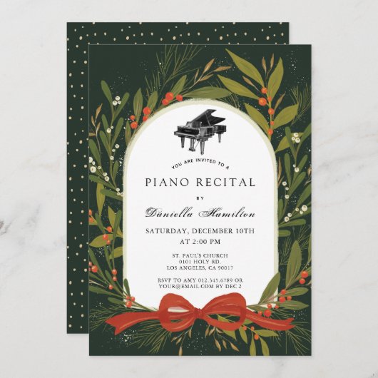 Rode Boog Krans Piano Witte Recital Uitnodiging (Voorkant / Achterkant)