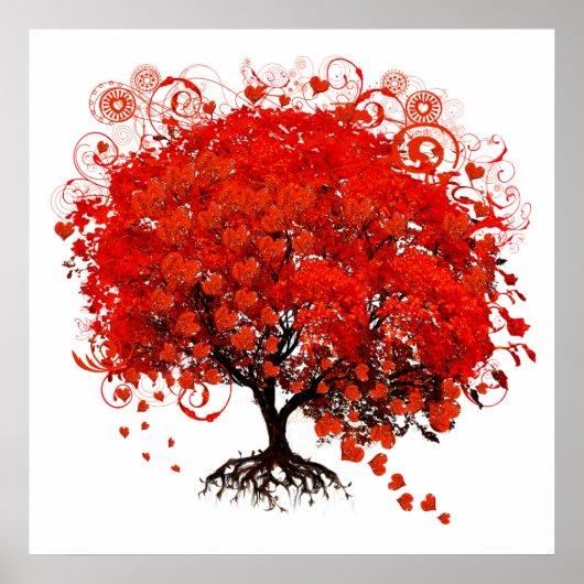 Rode boom met hartbladeren die vallen poster (Voorkant)