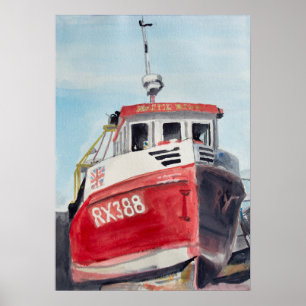Rode boot kust aquarel poster