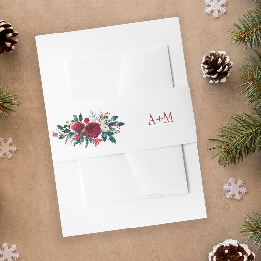 Rode bordeauxrode winter pioenen bruiloft monogram uitnodigingen wikkel