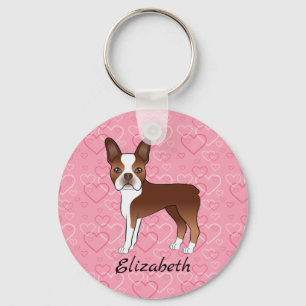 Rode Boston Terrier Hond Op Roze Harten En Naam Sleutelhanger