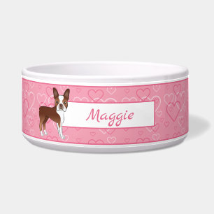 Rode Boston Terrier Hond Op Roze Harten En Naam Voerbakje