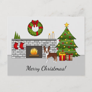 Rode Boston Terrier In Een Festive Kerst Kamer Briefkaart