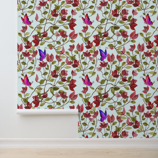 Rode bougainvillea bloemen met vlinders behang