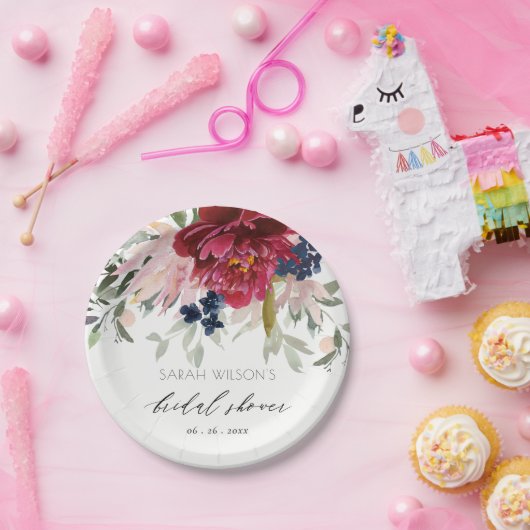 Rode Bourgogne Blush Blauwe Bloemachtige Bruilofts Papieren Bordje (Feest)