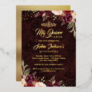 Rode Bourgogne Gouden Bloemige Quinceanera Folie Uitnodiging