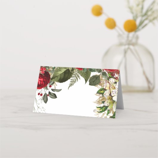 Rode Bourgogne Winter Bloemen Wedding Placecard (Voorkant)