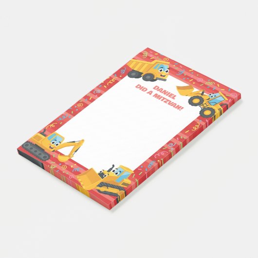 Rode Bouwtrucks Gepersonaliseerde Mitzvah Post-it® Notes (Schuin)
