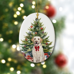Rode Bow Gele Labrador Retriever Kerstmis Keramisch Ornament