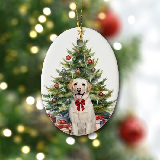 Rode Bow Gele Labrador Retriever Kerstmis Keramisch Ornament