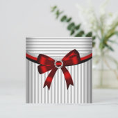 Rode Bow Grey Black White Stripe Birthday Party Kaart (Staand voorkant)