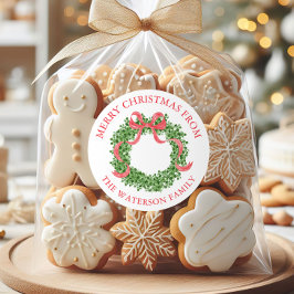 Rode Bow Kerstmis Boxwood Krans Gift Ronde Sticker