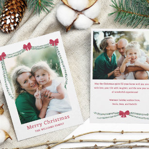Rode Bow-versierde Garland Vrolijke Kerstfoto Feestdagenkaart