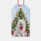 Rode Bow Witte Samoyed Hond Kerstboom Cadeaulabel (Voorkant)