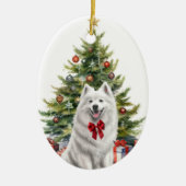 Rode Bow Witte Samoyed Hond Kerstmis Keramisch Ornament (Voorkant)