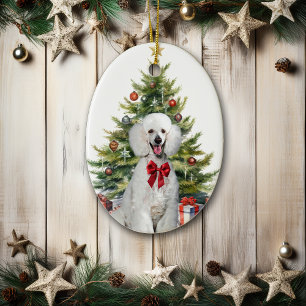 Rode Bow Witte Standaard Poedel Hond Kerstmis Keramisch Ornament