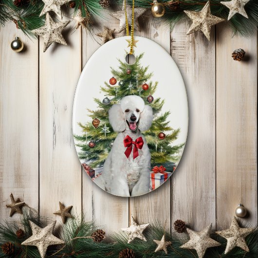 Rode Bow Witte Standaard Poedel Hond Kerstmis Keramisch Ornament