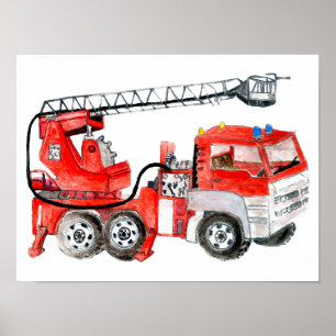 Rode brandblusmotor, illustratie brandweerwagen poster