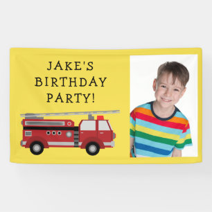 Rode brandweerwagen Geel kinderverjaardagsfoto Spandoek