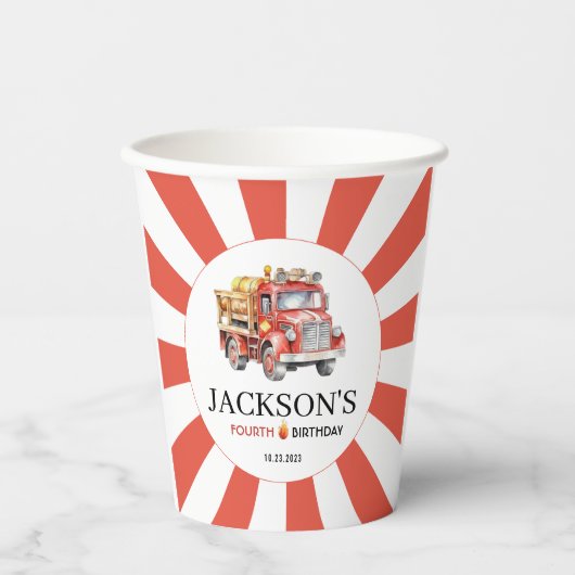 Rode brandweerwagen jongen verjaardagsfeestje papi papieren bekers (Voorkant)