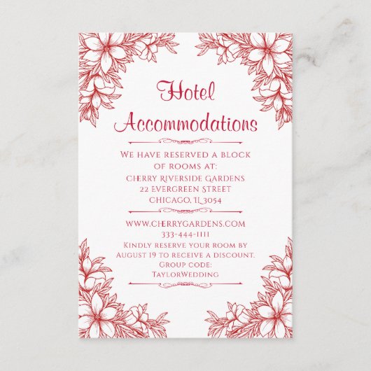 Rode bruiloft hotel accommodatie informatiekaartje (Voorkant)