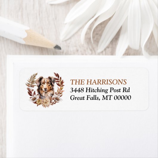 Rode Bruine Australische Herder Hond Herfst krans Etiket (Insitu)