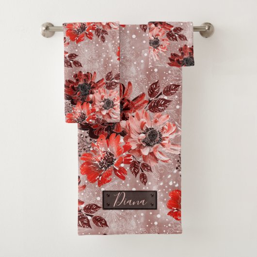 Rode, bruine bloemen. bad handdoek (Insitu)
