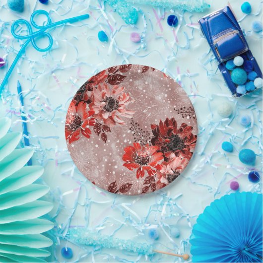 Rode, bruine bloemen. papieren bordje (Feest)