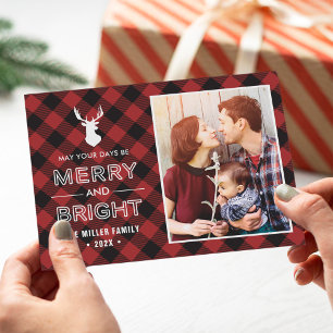Rode Buffalo Check Plaid Merry and Bright Foto Feestdagenkaart
