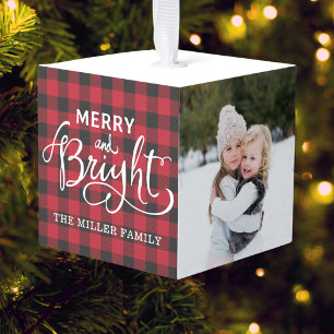 Rode Buffalo geruite familiefoto Kerstmis Kubus Ornament